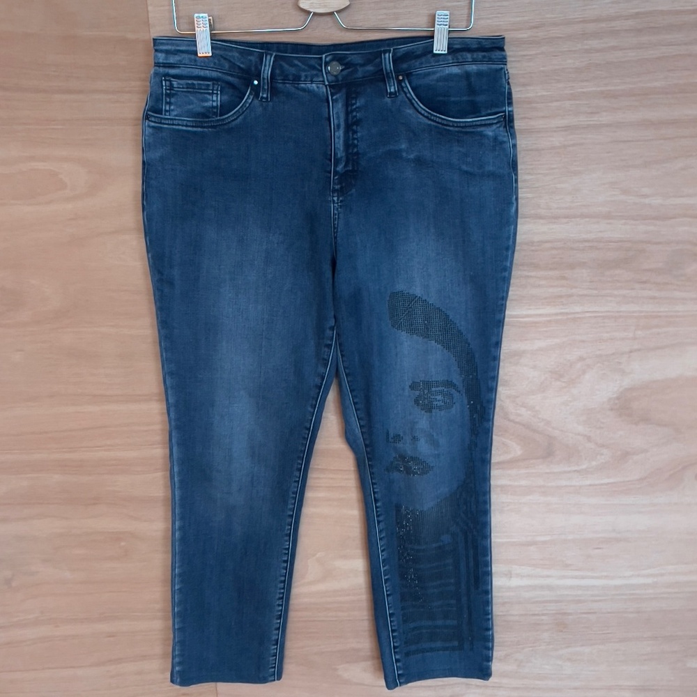 Joseph Ribkoff women's embellished jeans size 14 straight leg tapered face bling